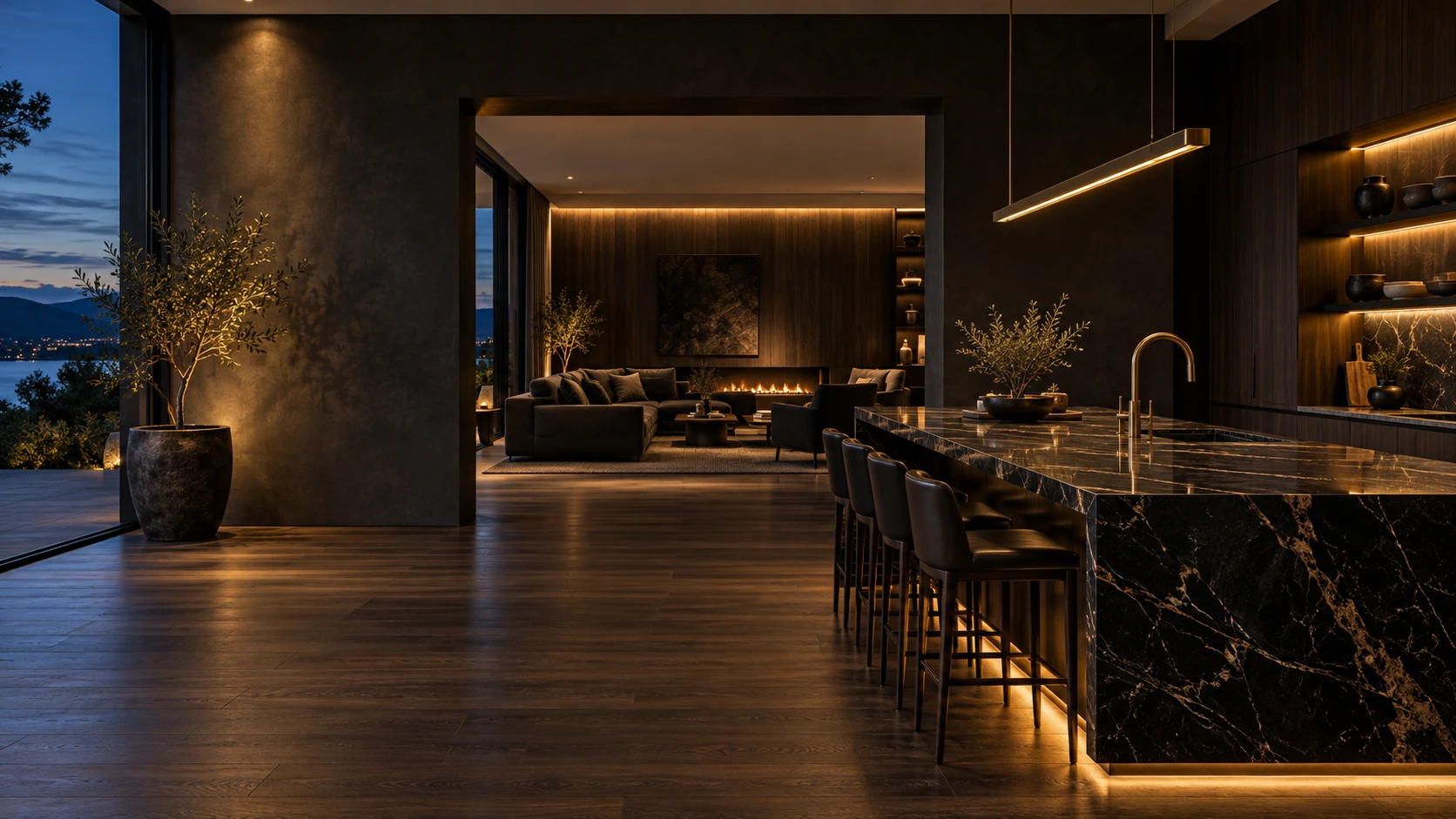 Dark walnut kitchen with warm architectural lighting