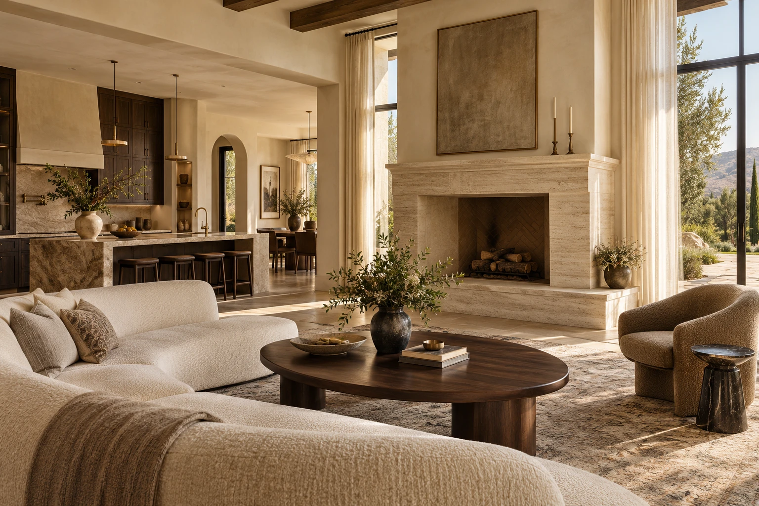 Warm stone fireplace and a refined living room from the Maison concept
